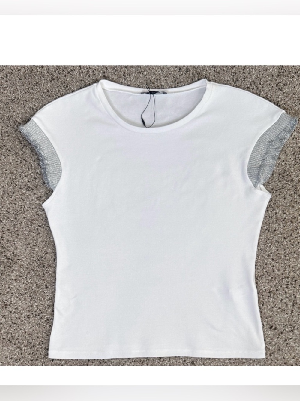 Zara White Tee with Silver Ruffle Sleeve Medium